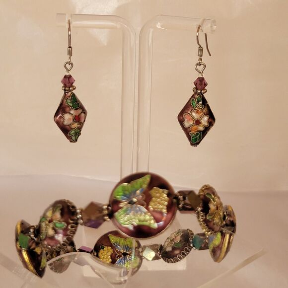 Cloisonné Enamel Butterfly and Floral Design Stretch Bracelet and Earrings Set - Picture 1 of 7